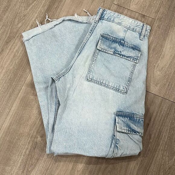 Zara TRF Mid Rise Cargo Baggy Loose Fit Light Tan Wide Leg Y2K Denim - Picture 3 of 8